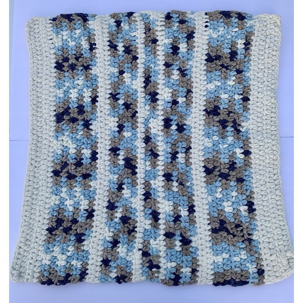 Handmade Crocheted Baby Crib  Blanket Cream Blue Brown Thick 26" X 25"